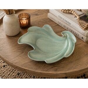 VTG. Petzoldt Hand Painted Robbin's Egg Blue Leaf Shape Ceramic Platter.